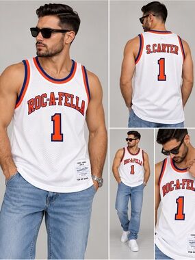 Mitchell & Ness White Roc-A-Fella #1 Jersey with Orange & Blue Trim